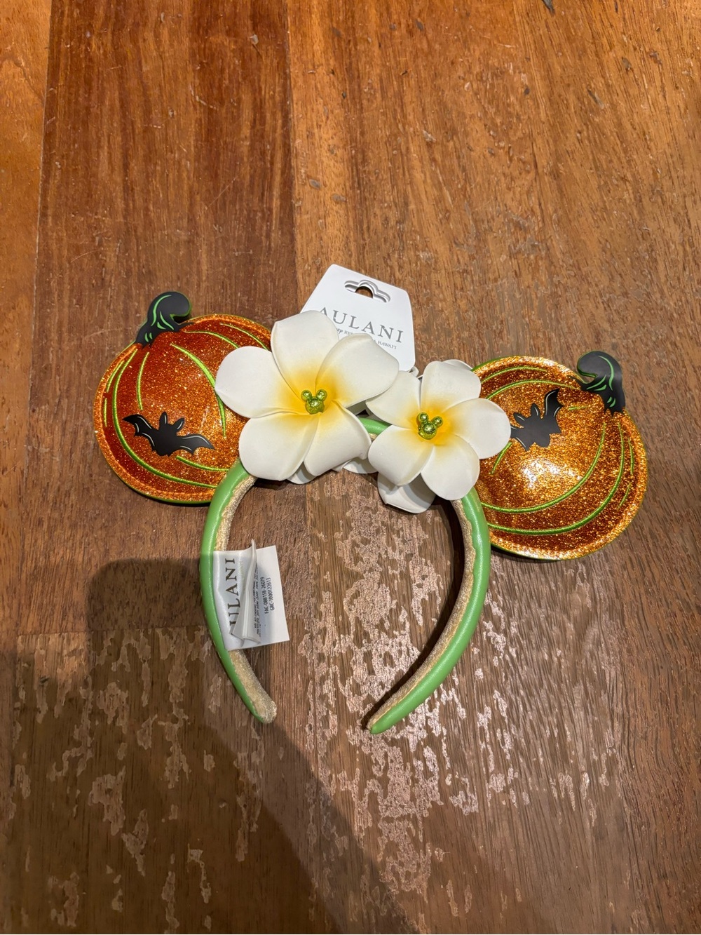 Disney Aulani Orange Glitter Pumpkin Ear Headband with White Plumeria
